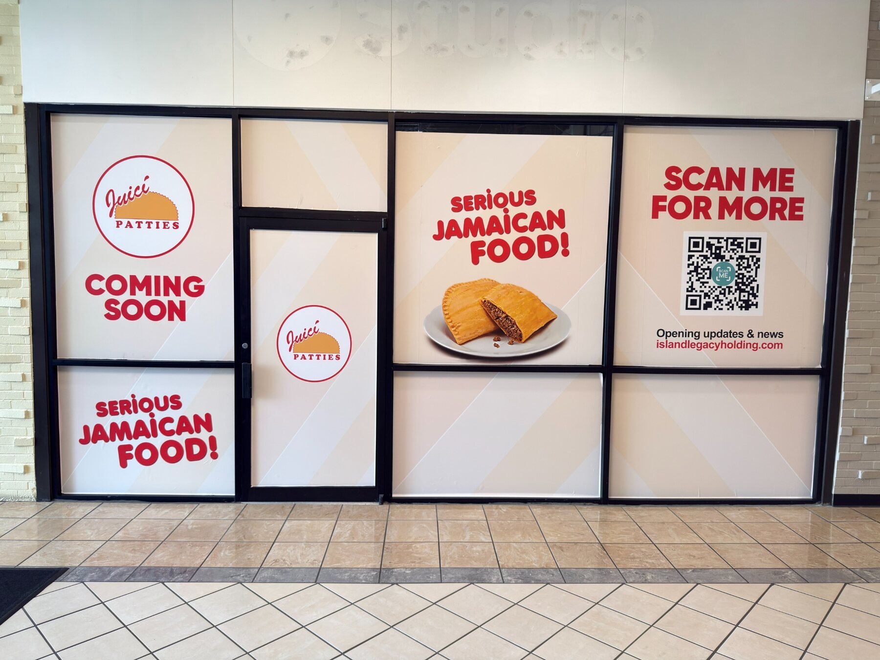Juici Patties storefront graphics promoting serious Jamaican food and opening updates